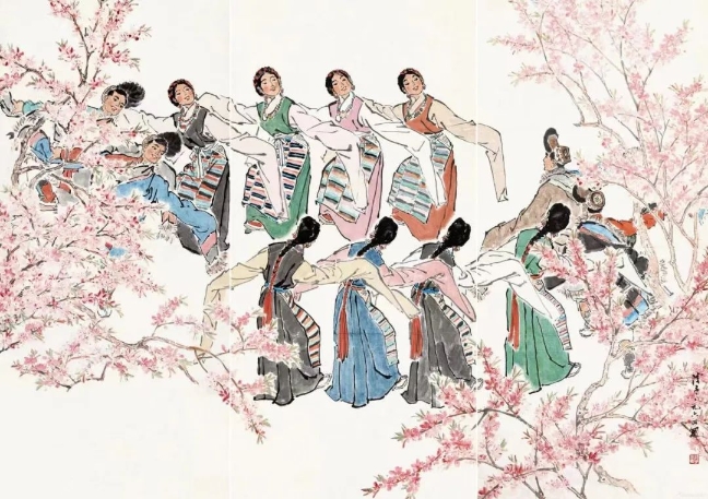 葉淺予高原之春紙本設色211cm×98cm、211cm×105cm、211cm×98cm1964年